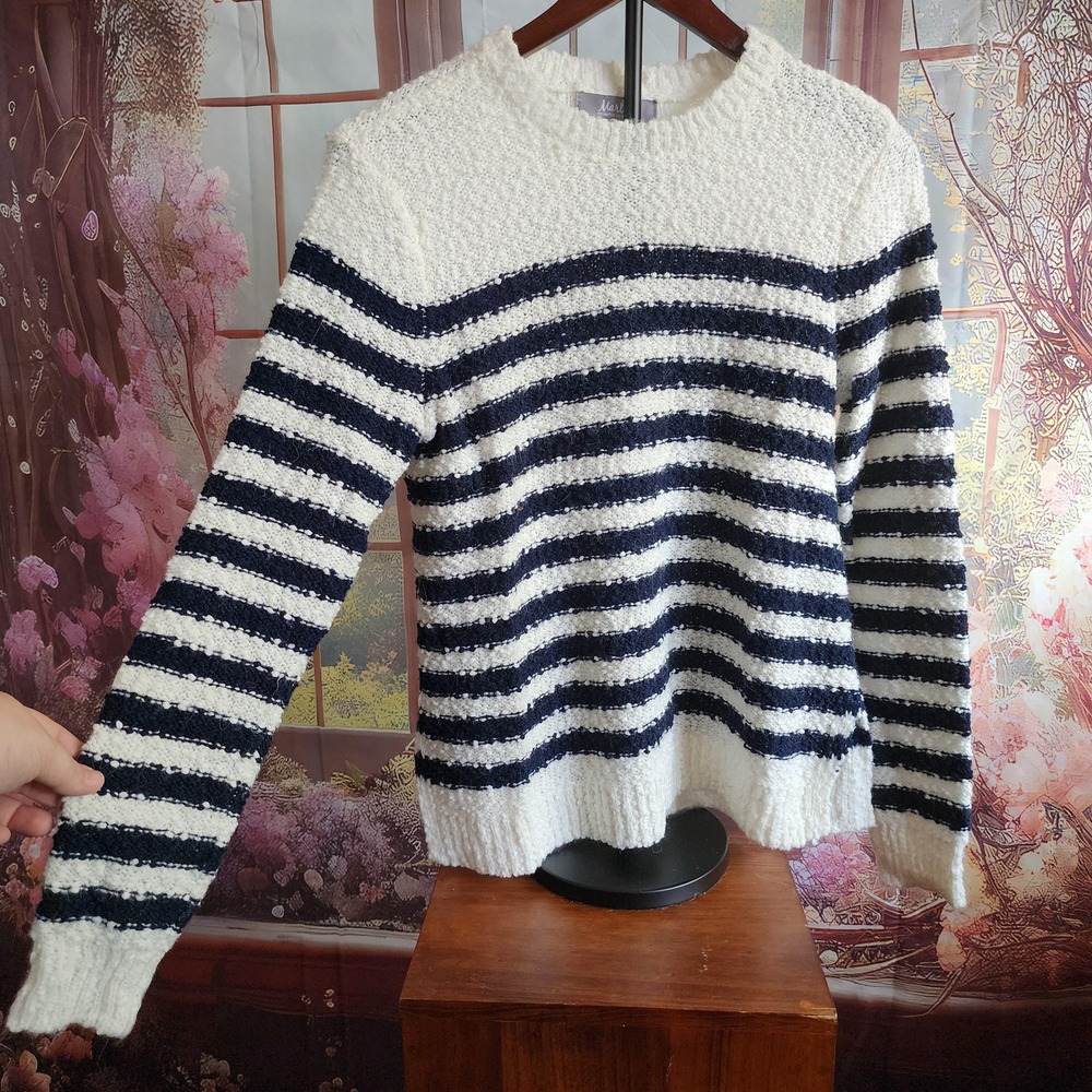 S | Ivory and Navy Striped Sweater - Marled Reunited Clothing - Women's Small